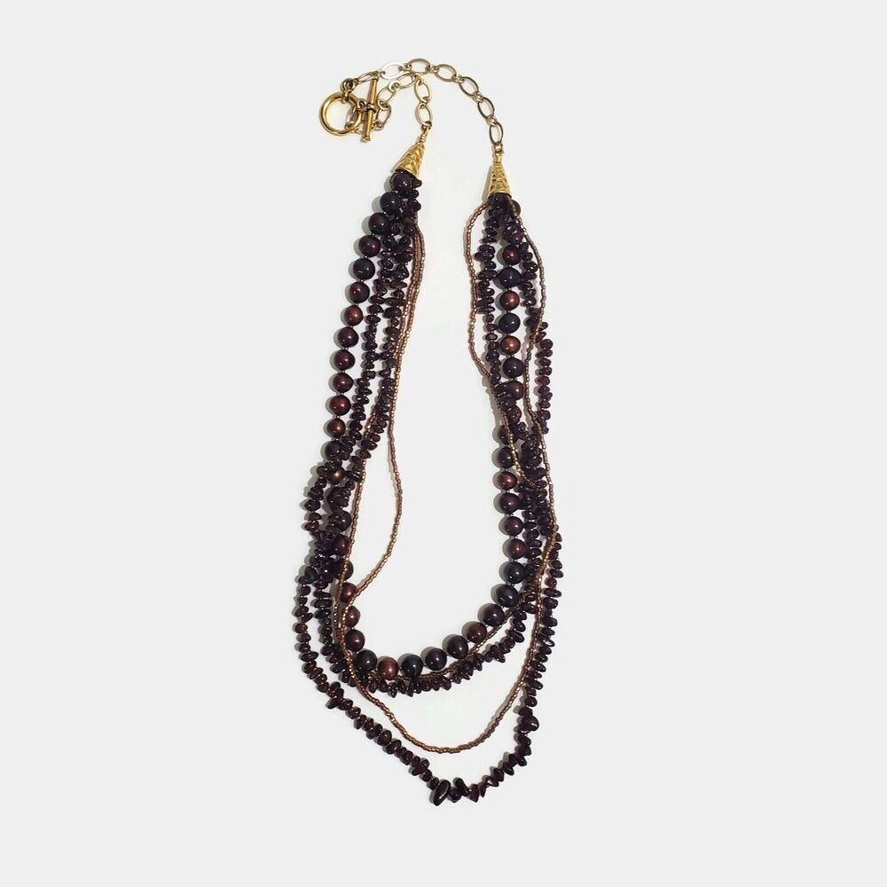 Garnet Chip, Freshwater Pearl & Seed Bead Multi-Strand Toggle Clasp Necklace 23"